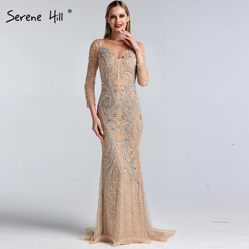 Серебристо-телесные элегантные вечерние платья с бусинами 2021 Serene Hill LA60775 длинные круглым вырезом и длинными рукавами для