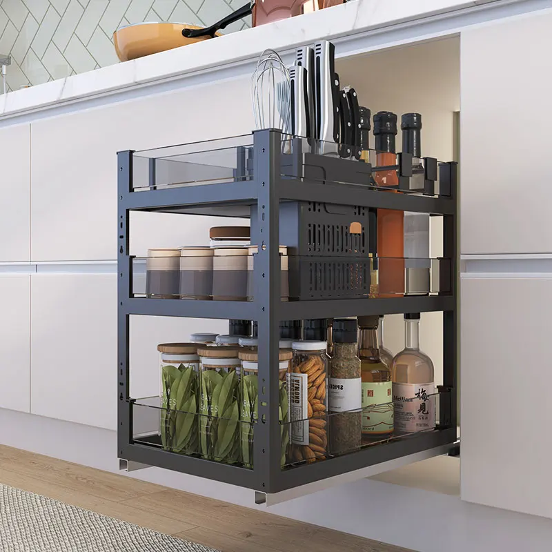 200mm side pullout kitchen stainless steel pull out drawer wire storage basket with cutlery tray