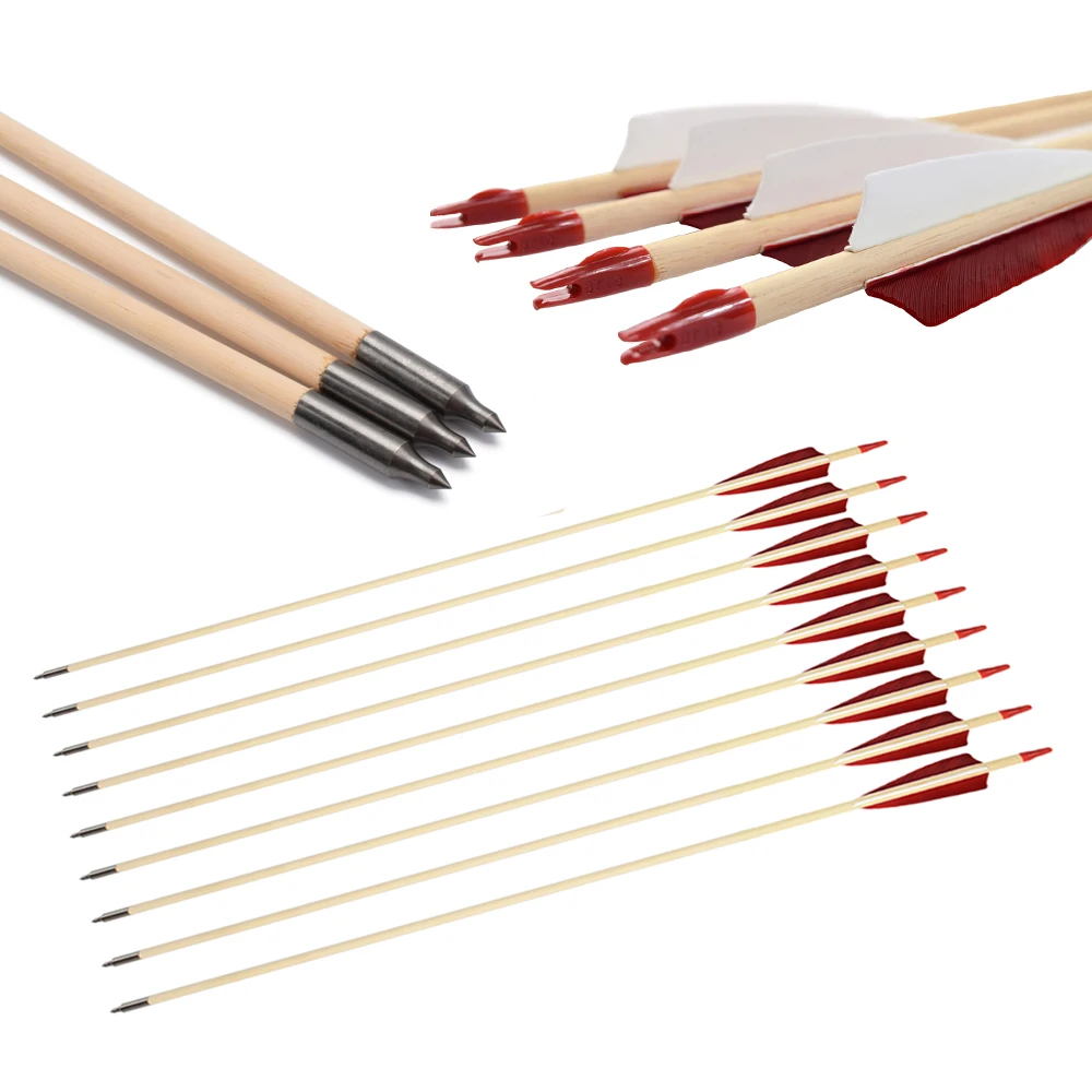 Archery Wood Arrows Recurve Traditional Bow Hunting Sports Glue-on Nock Turkey Feather Wooden Shafts Wood Arrows