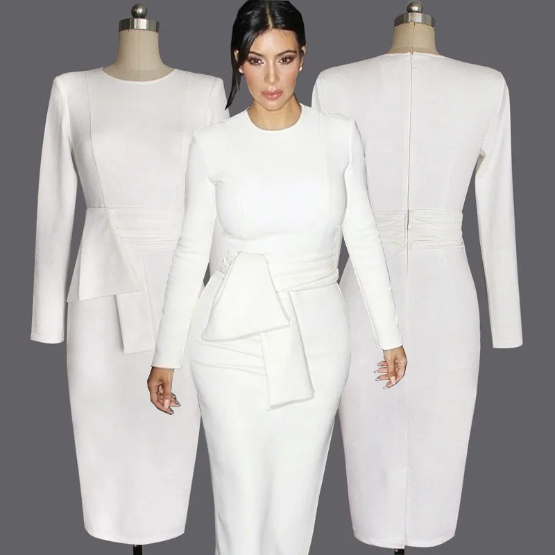 European American women clothes sexy round neck Slim-fitting Pencil Dresses long Sleeve Elegant Career office Dress For Women