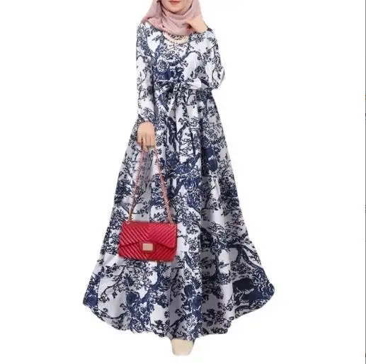 wholesale long sleeved high waist printed loose cotton dress abaya dubai turkey muslim fashion hijab dress