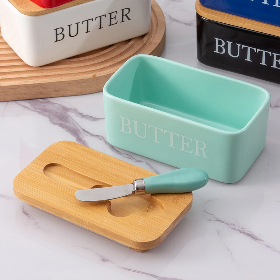 Western fresh cheese box porcelain set Bamboo and wood lid ceramic butter box with knife sealed tank butter box