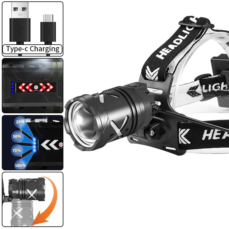 Super Powerful Zoomable Headlamp 3*18650 Type-C USB Hunting Headlight XHP70 30W LED Head Lamp Waterproof Head light Fishing lamp