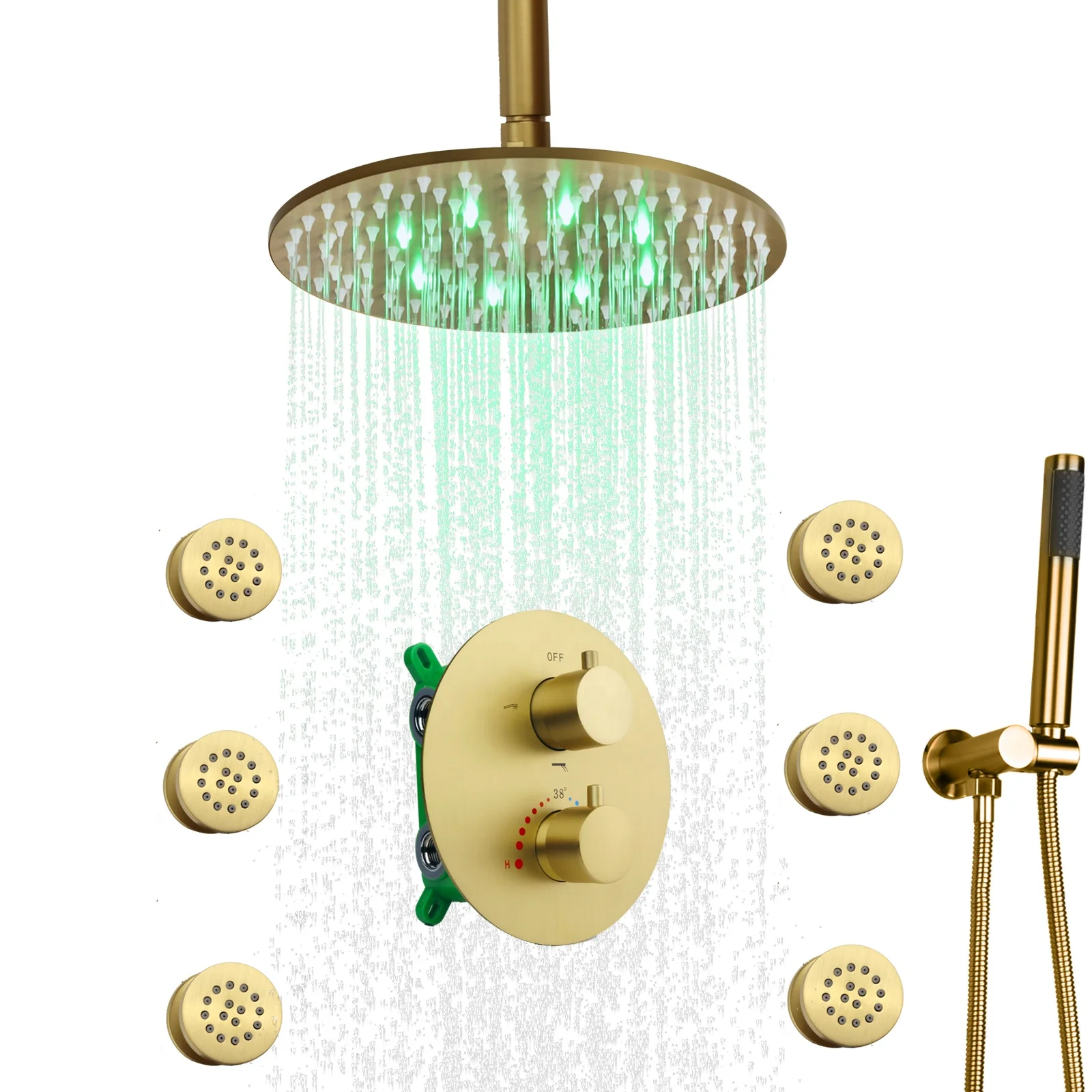 Bathroom 10inch LED Brushed Gold Thermostatic Shower Faucet Set Rain Circular Shower Head With Massage SPA