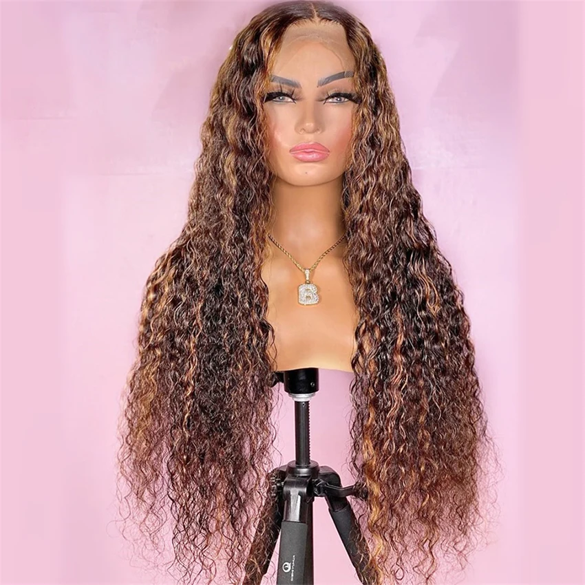 
Natrual Black Blonde Highlighted Transparent HD Lace Front Wigs Raw Virgin Human Hair Water Wave Brazilian Wig for Black Women 