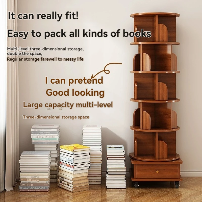 360 rotating bookshelf wheels removable solid wood bookcase home living room storage rack