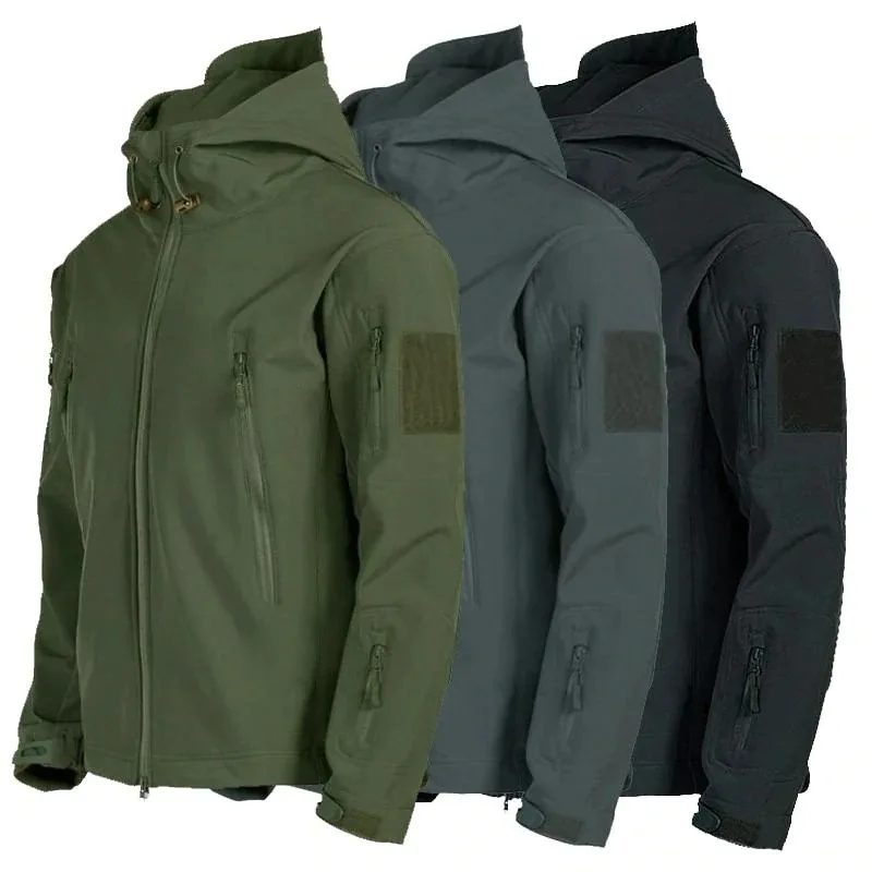 Mens black hiking camping outdoor waterproof tactical softshell jacket military with hood