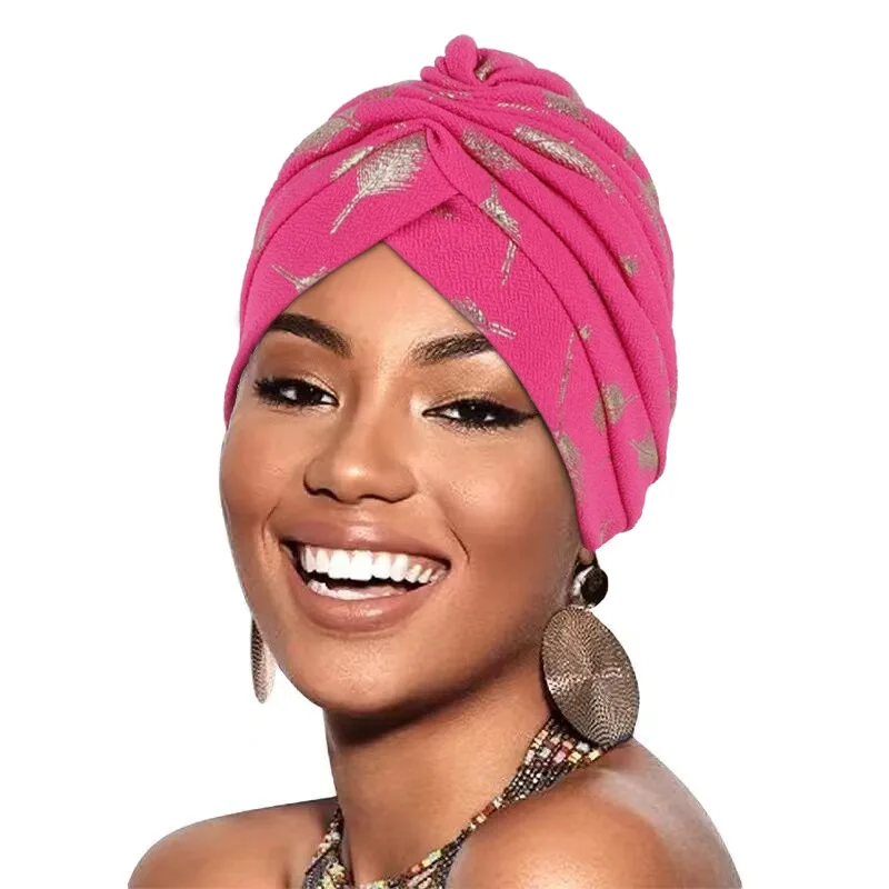 Women Print Flower Knot Turban Head Wrap Gold Ruffle Muslim Hijab Hat Indian Beanie African Headwrap Hair Accessories Chemo hats