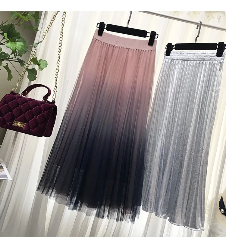 Factory OEM ODM Long Tulle Skirt Women Summer New Gradient Korean Elegant High Waist A-Line Pleated Midi Dress 2022 Midi Skirt