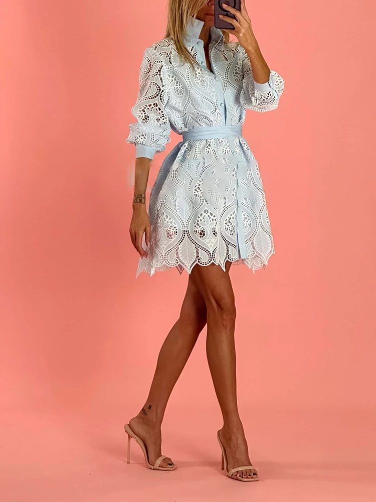 TWOTWINSTYLE Womens Clothing Casual Style Summer Solid Color Single Breasted Lapel Lace Hollow Embroidery Dress
