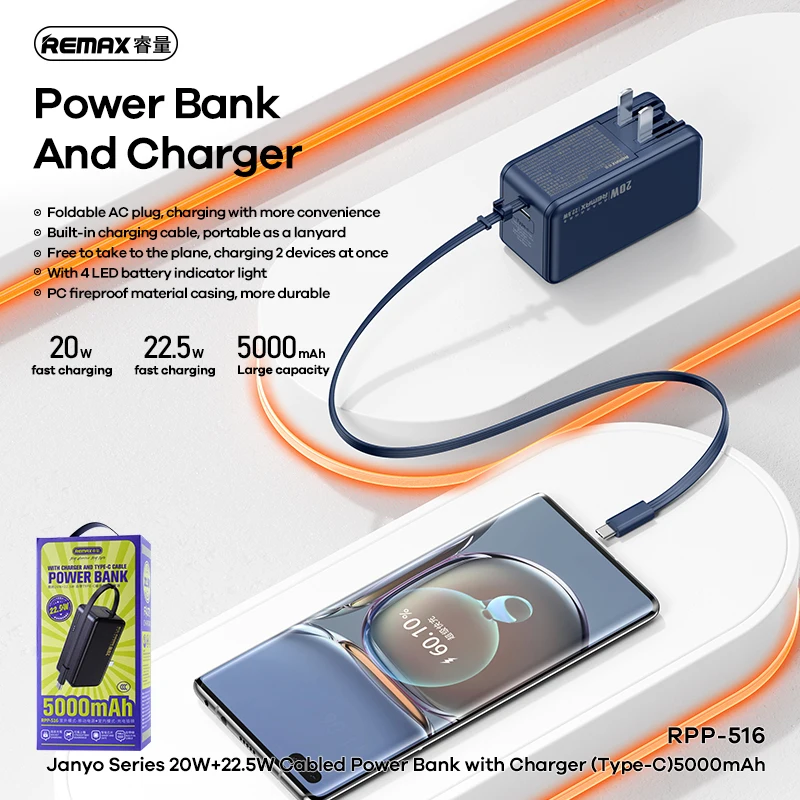 Remax Wall Charger Power Banks Pd20W Qc22.5W Fast Charging Ce/Fcc/Rohs 5000Mah Rpp-516 2023 New Arrivals Factory Oem Powerbank