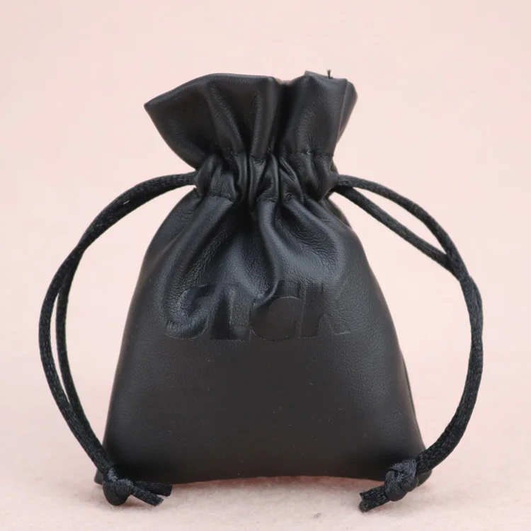 Embossed logo drawstring jewelry gift fashion pu pouch leather bags