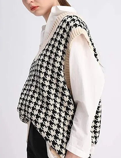 Houndstooth Sweater Vest Women Oversized V Neck Sleeveless Sweaters Cable Knit Tops Designer Manufacturer OEM