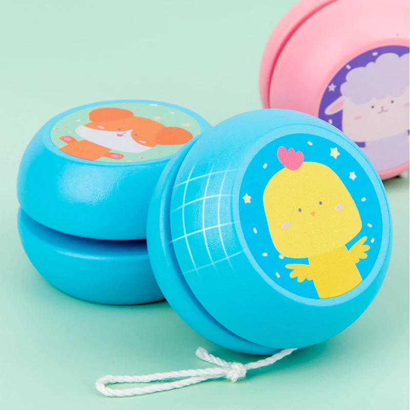 Classic Kids Puzzle Game Revolving Dinosaur Dolphins Cartoon Wood Yoyo Toys Wooden Yo-Yo Ball Toy