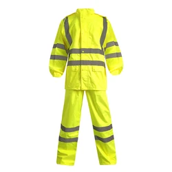 Safety Green Oxford Cloth Rain Jacket Suit Hi Visibility Reflect Security Raincoat With Hood And Reflect Strip