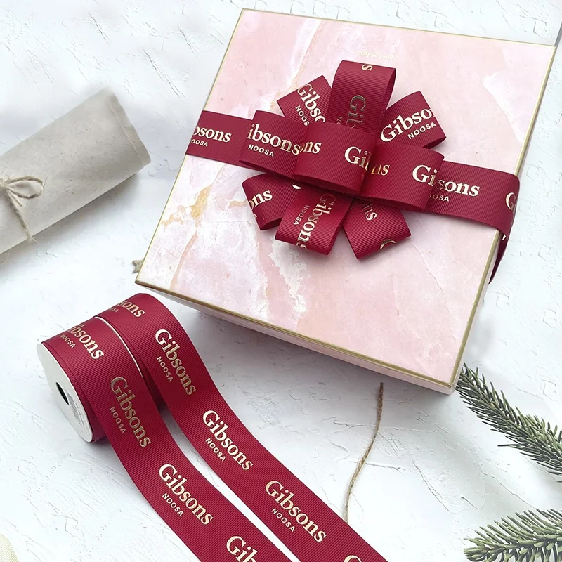 E-Magic OEM Gift Wrapping Ribbon Wholesale 100% Polyester Ribbon Gift Custom 3D Gold Foil Printed Grosgrain Ribbon With Logo