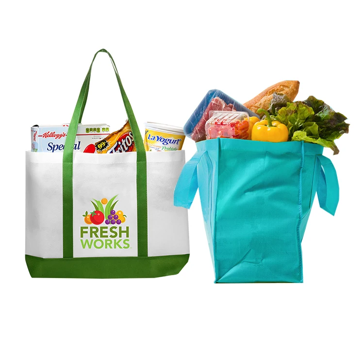 Custom printed eco friendly recycle pp fabric non woven wine shopping carry reusable grocery tote bags with