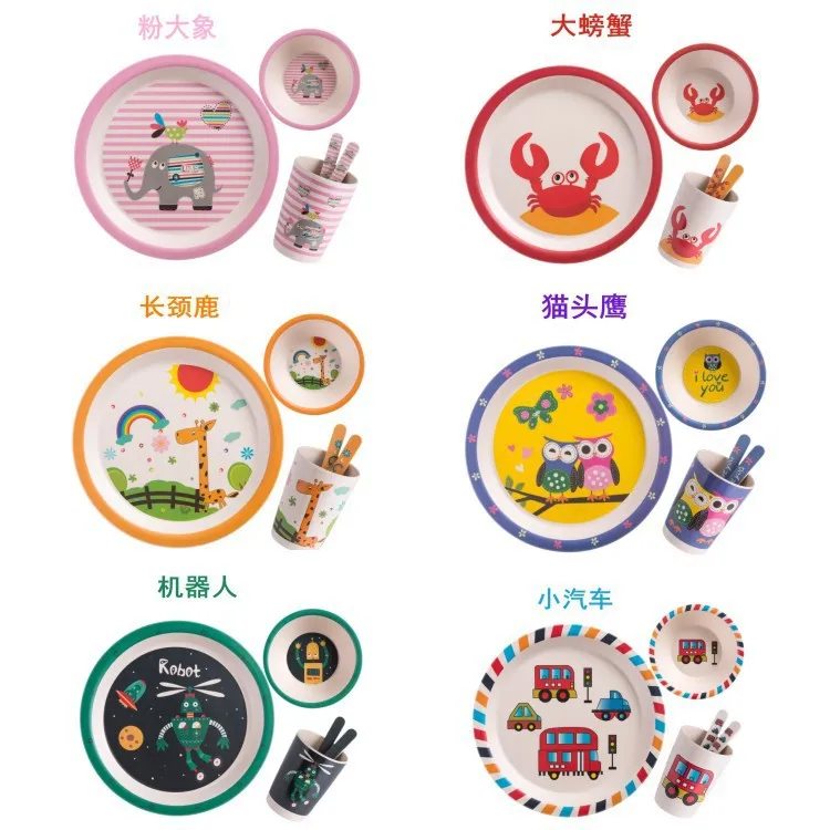 2022 New Bamboo Fiber Children Tableware Kids Plates and Bowls Biodegradable Baby Feeding Dishes 5pcs Cartoon Divided Plate Set