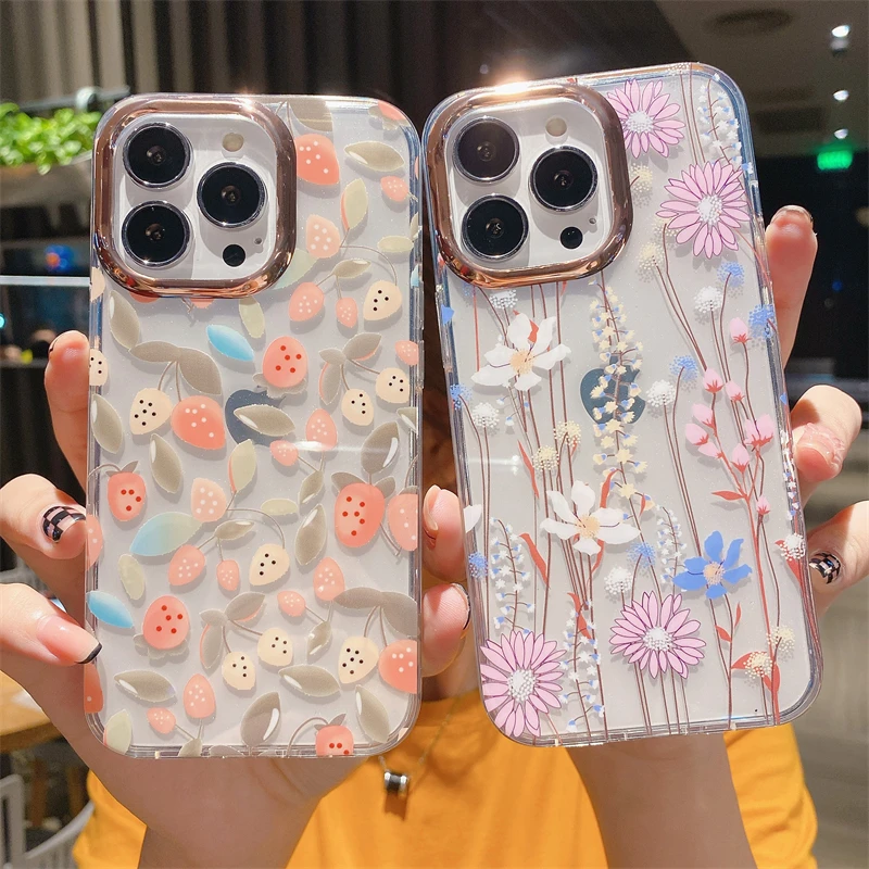 Hot sale plating transparent hard shell jaguar flower Mobile Phone Case for iPhone 7 8p 11 12 13 14 pro max cover