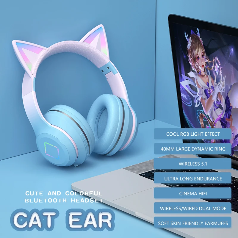 Over Ear Cute Cat Ear Children Girls Gift Music Earphones Blue Pink Headset Wireless Blue-tooth Game Headphones