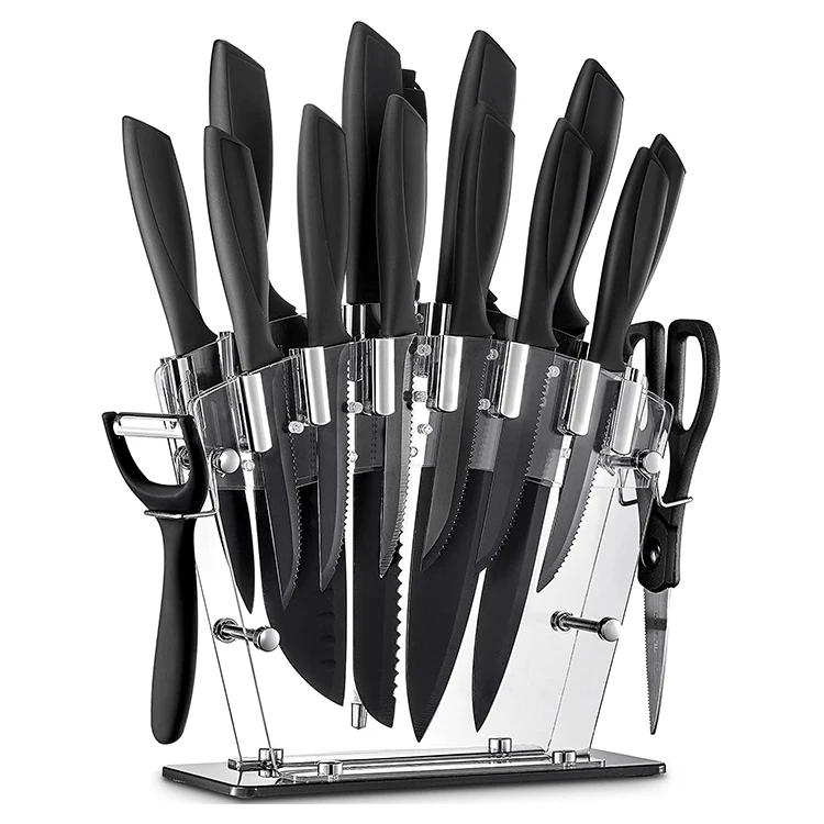 16 Pieces Professional Stainless Steel Kitchen Knives Black Grill Scraper Carbon Sharpening Chinese Knife Set With Acrylic Stand