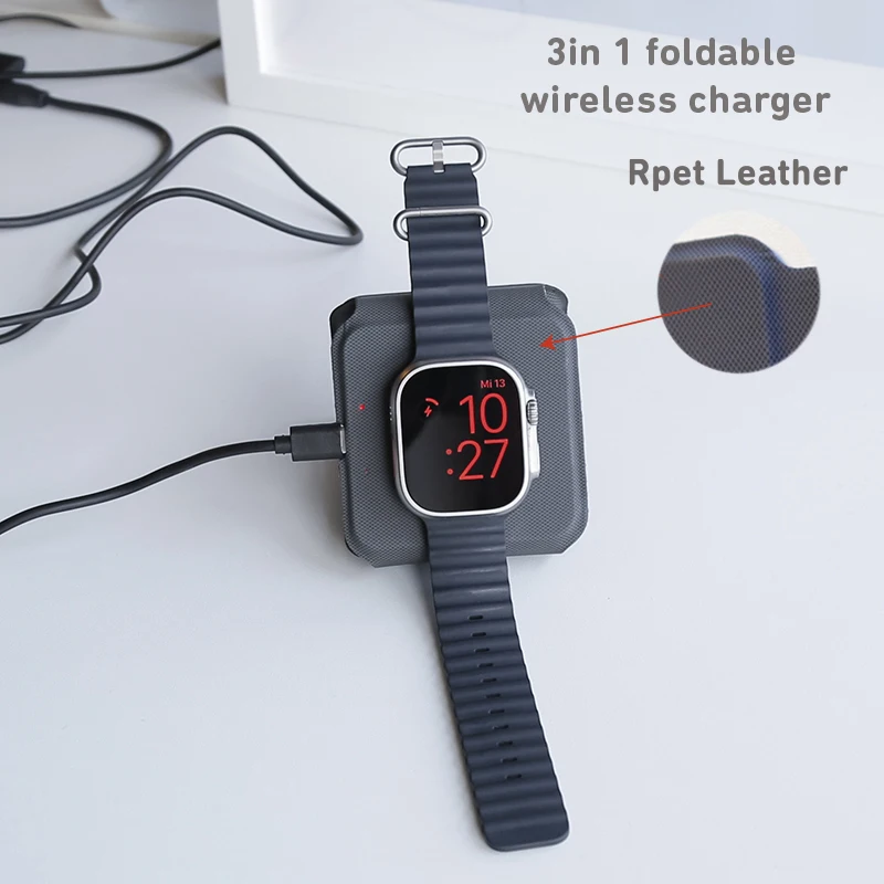 Leather Magnetic Foldable Charger Station Cellphone Headphones Smart Watch Fast Travel Charger 3 in 1 foldable wireless charger