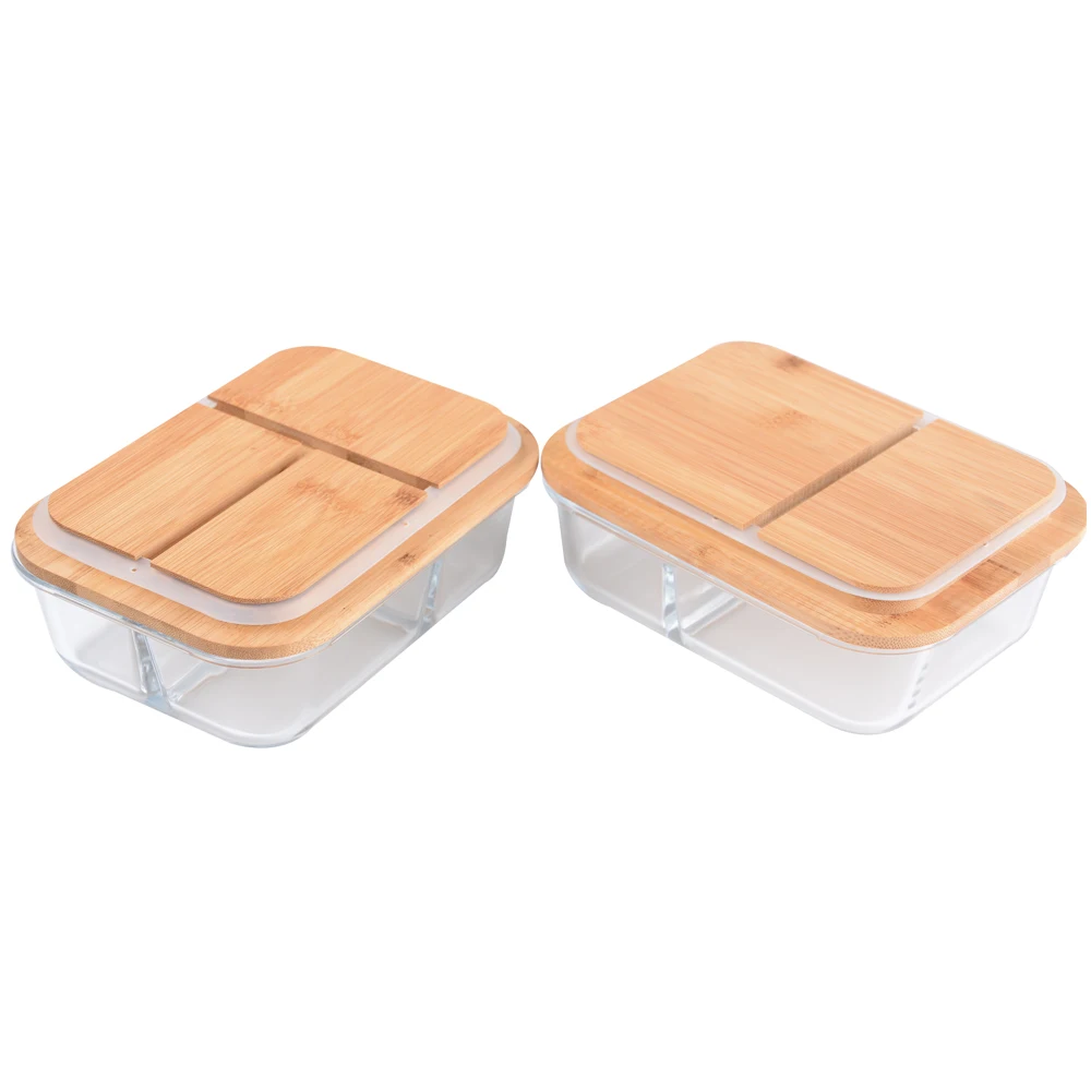 high Borosilicate 2 divider or 3 divider glass food storage container with bamboo lid