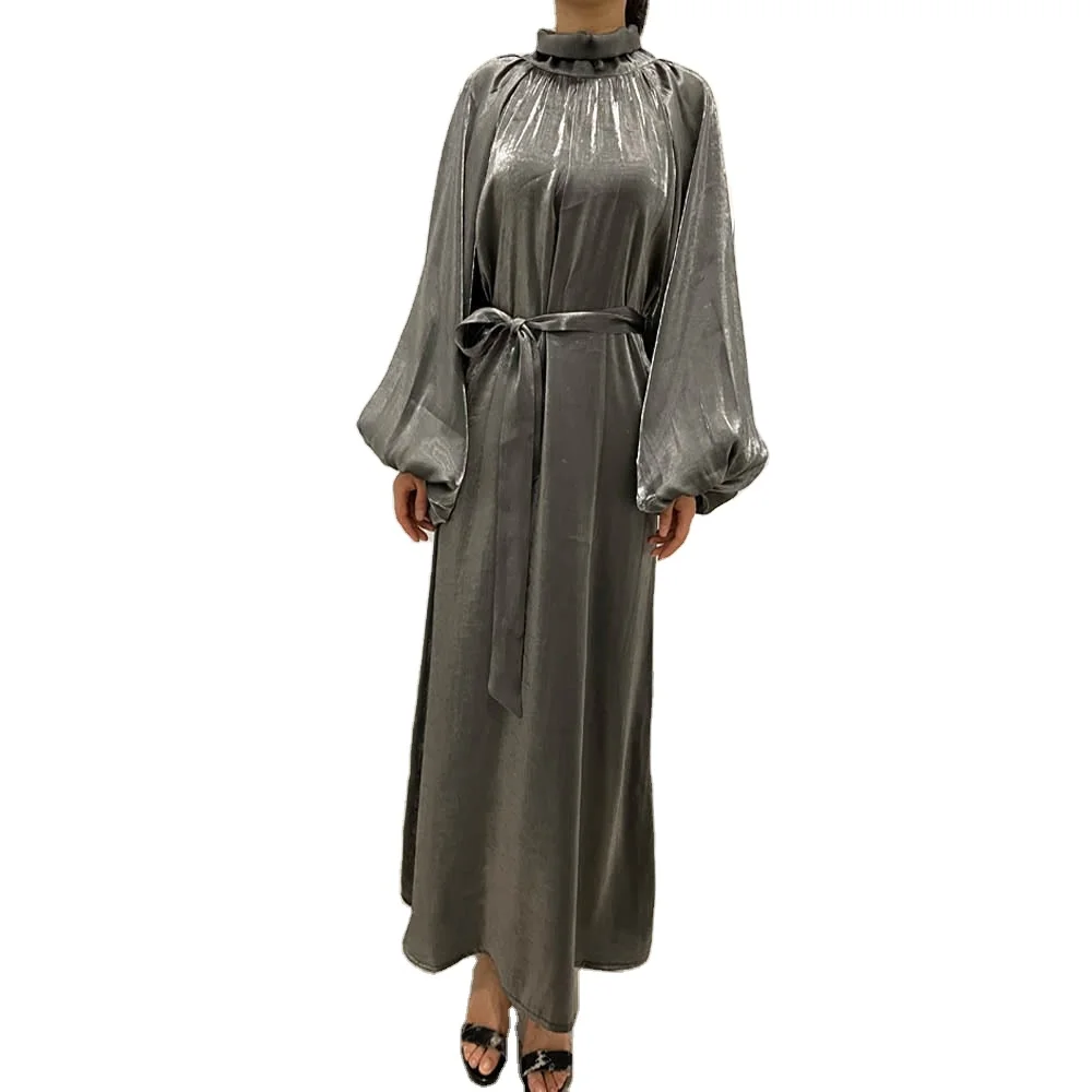 2024NewNew Popular Fancy Lantern Sleeve Sequin Abaya Dress Super Bubble Sleeves Shining Silk Smooth Maxi Robe For Women