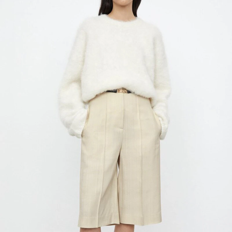 OEM custom logo design pullover crew neck knit stretch women long hairy knitted fuzzy chunky blend alpaca wool sweater