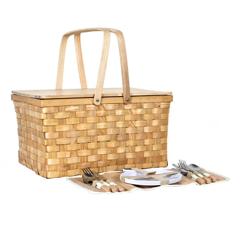 rattan wooden lid wicker insulated storage cooler bag Woodchip Picnic Basket set with Folding Handle