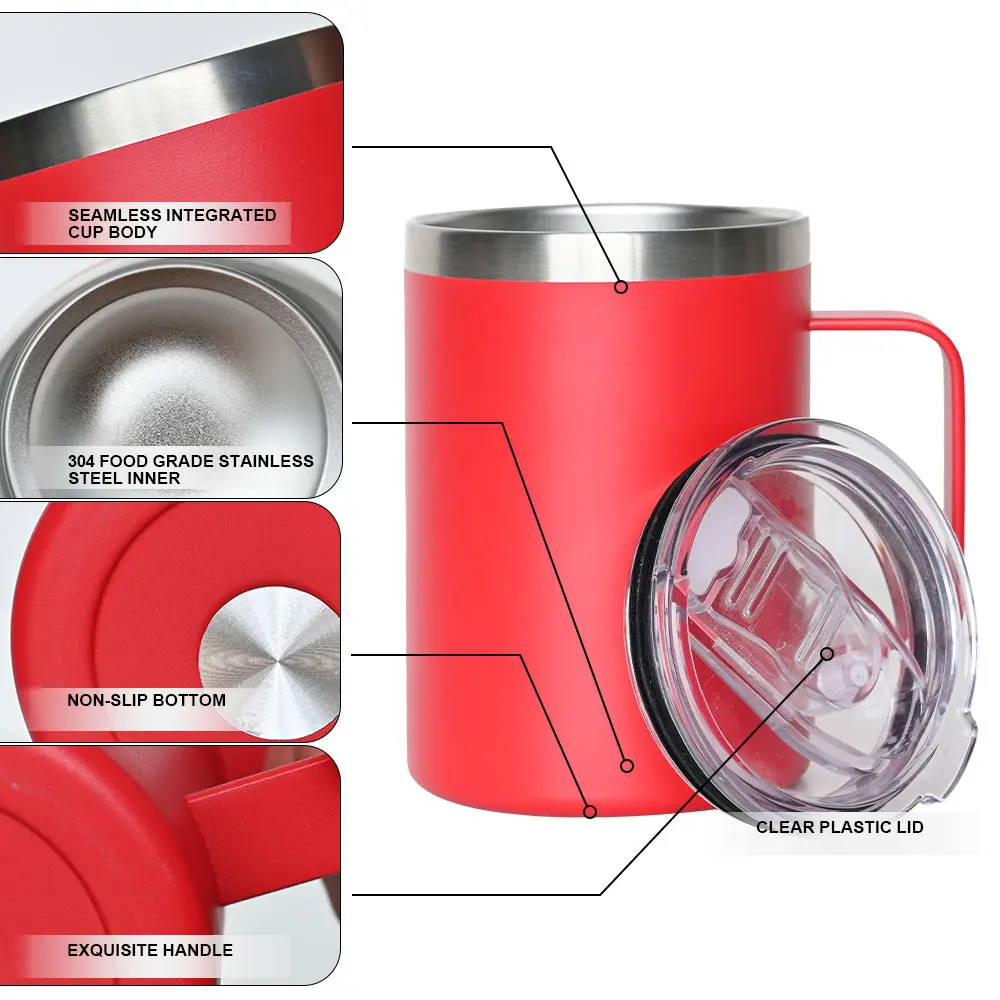 Custom 12oz 14oz 16oz double wall vacuum camping stainless Steel BPA free powder coated insulated travel coffee mug with handle