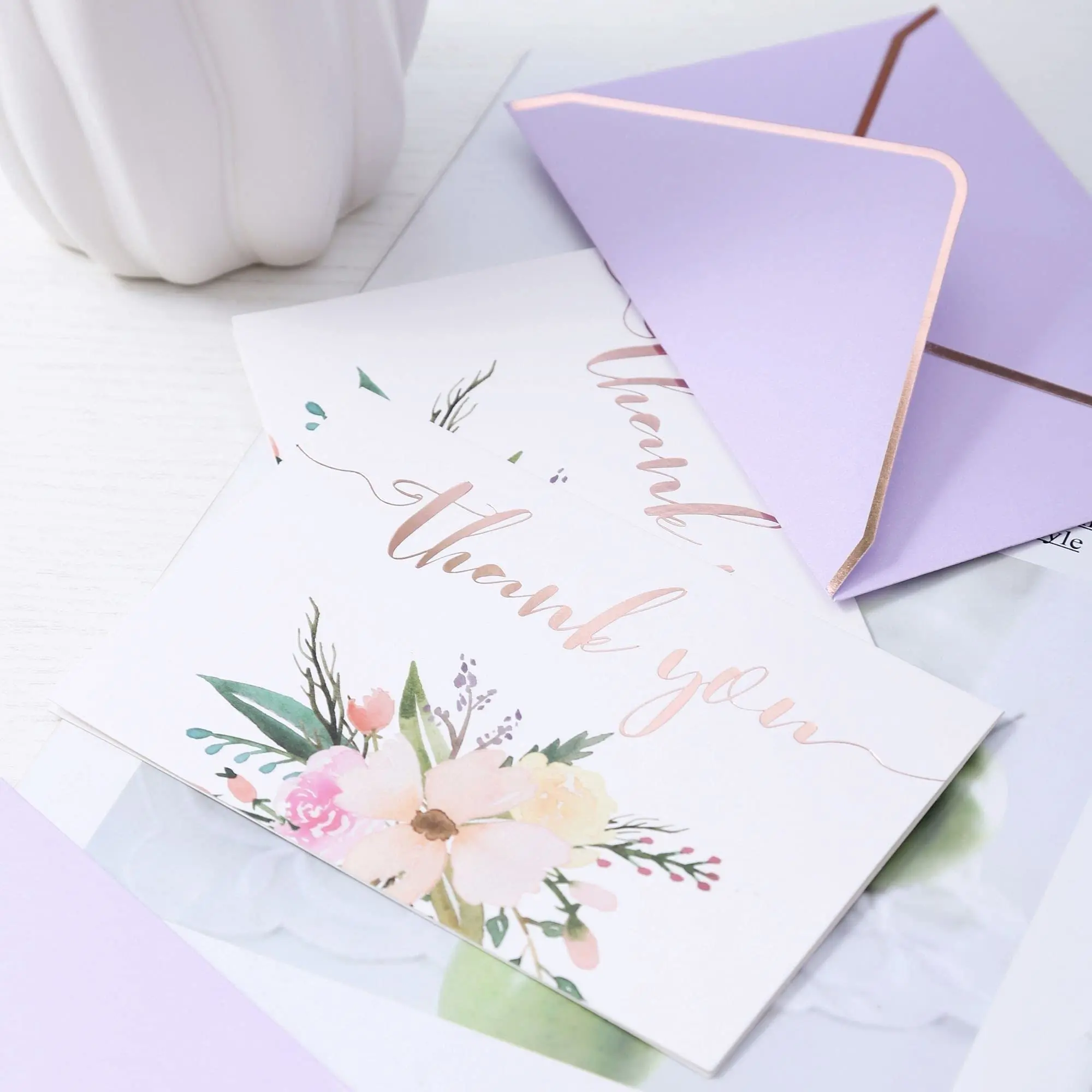 Custom Blank A7 A9 5x7 Mailing purple gold thank you card Invitation Wedding Self Seal Kraft paper Envelope with thank you card