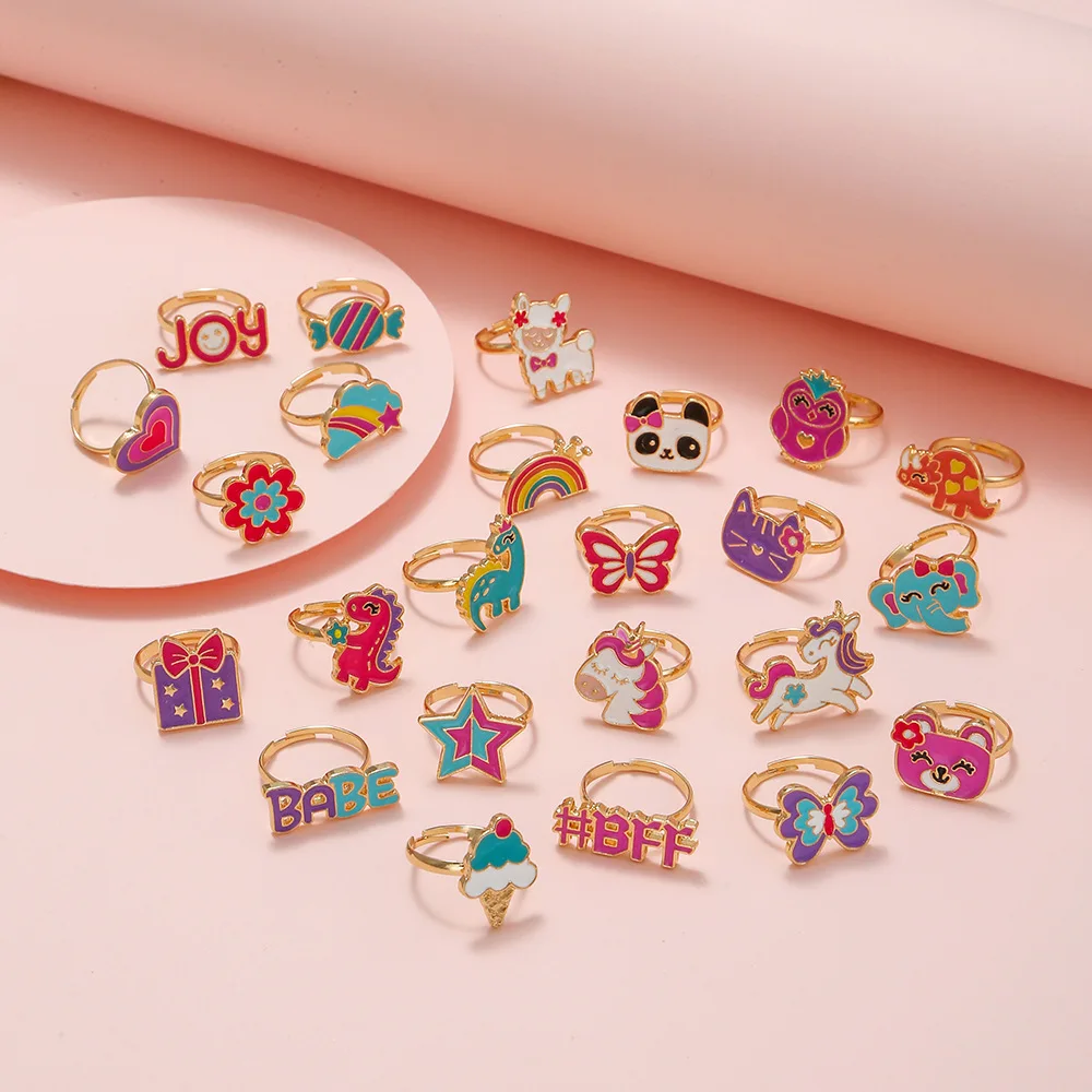 Cute Butterfly rainbow panda union style Hand Jewelry for Children Adjustable Fun Student Cartoon ring Accessories