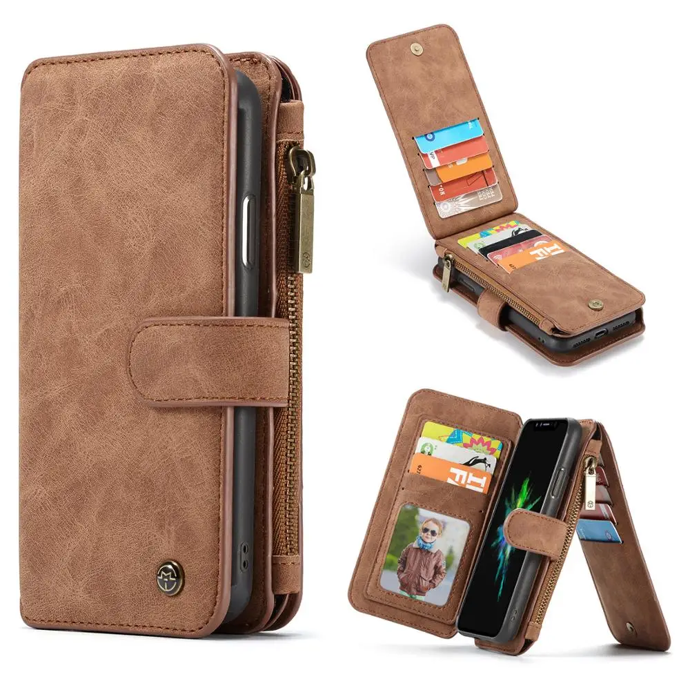 Multi-function zipper business leather case mobile phone Detachable case split flip card wallet for iphone Samsung