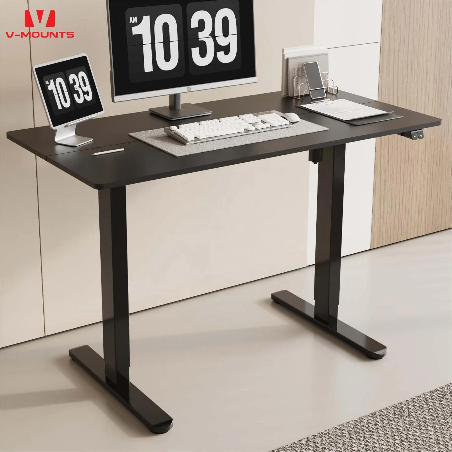 V-mounts solid wood style electric single motor adjustable office desk with Anti-collision sensing VM-JSD5-02-2P