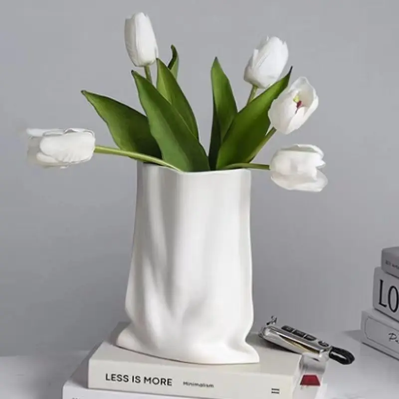 Custom logo creative pleated ceramic vase electroplated silver vase for home wedding office decor