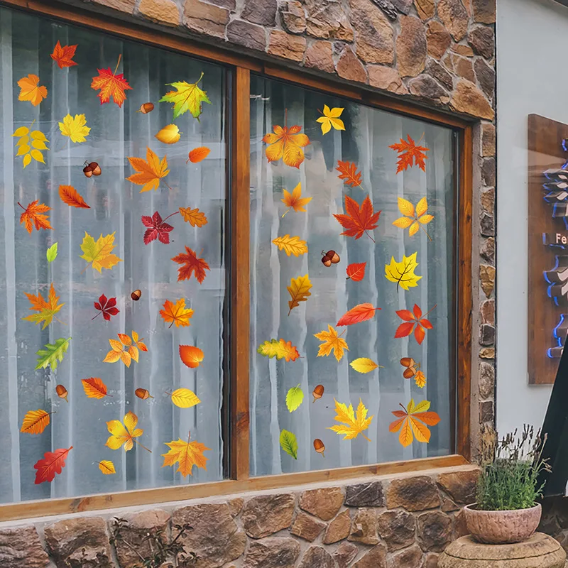 Maple Leaves Double-sided Window Stickers For Autumn Thanksgiving Harvest Party Home Window Glass Mirror Decor