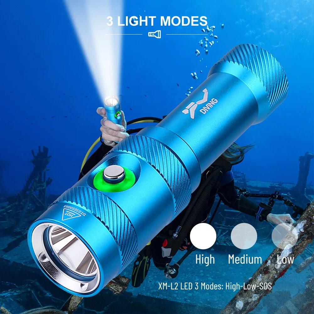 Scuba Diving Backup Flashlight Underwater Waterproof Dive Torch Light 18650 Rechargeable IPX8 Diving Lamp