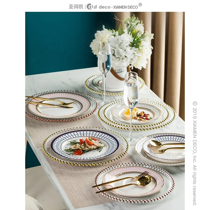 European style glass bead point gold plated western plate steak plate restaurant plates ceramic