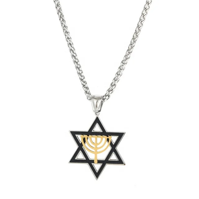 Yiwu Aceon Stainless Steel Newest Fashion Jewish Rose Gold Silver Black Ink Tone Hollow Star of David with Menorah Pendant