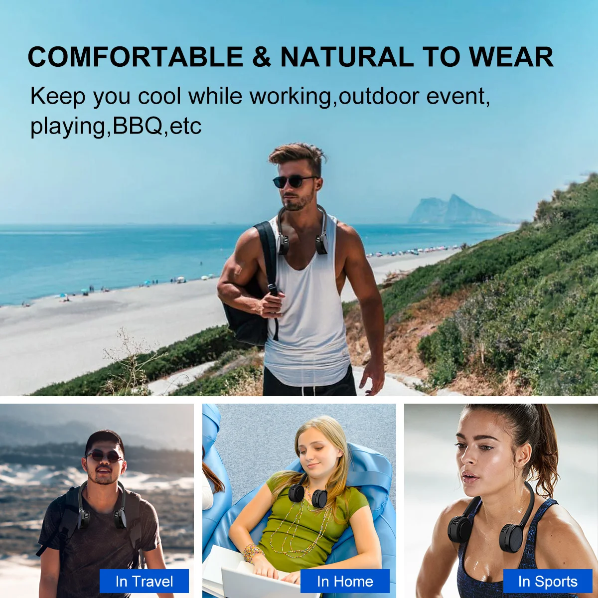 wholesale 2022 hands free portable rechargeable personal cooling solar charging input 2000mah battery neck fan for home travel