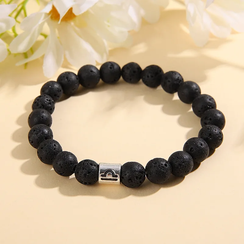 Mens Black Natural Volcanic Lava Gemstone Bracelet 8mm Natural Stone Beads Bracelet 12 Zodiac Black Obsidian Bracelet