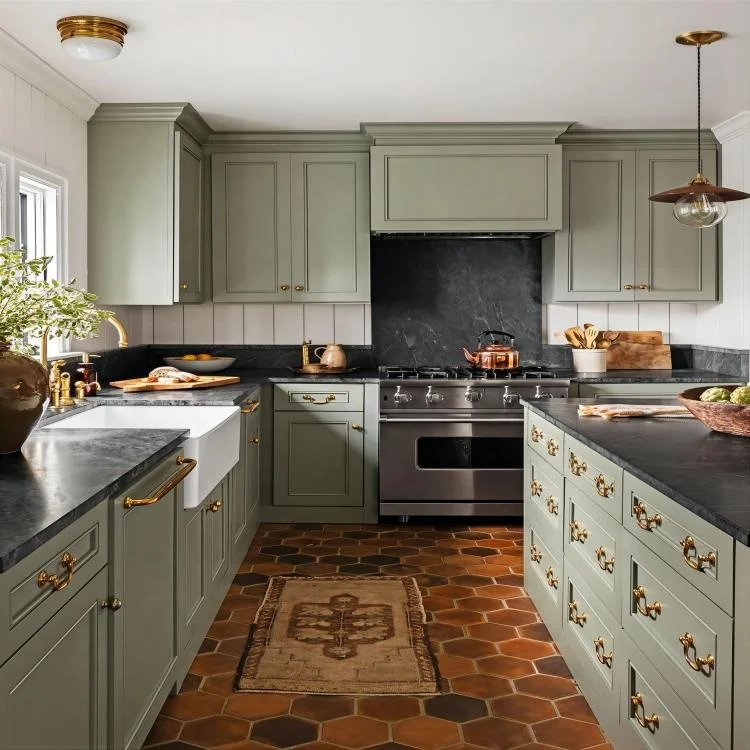 Modular kitchen cabinet solid wood light green painting door panels black marble tops