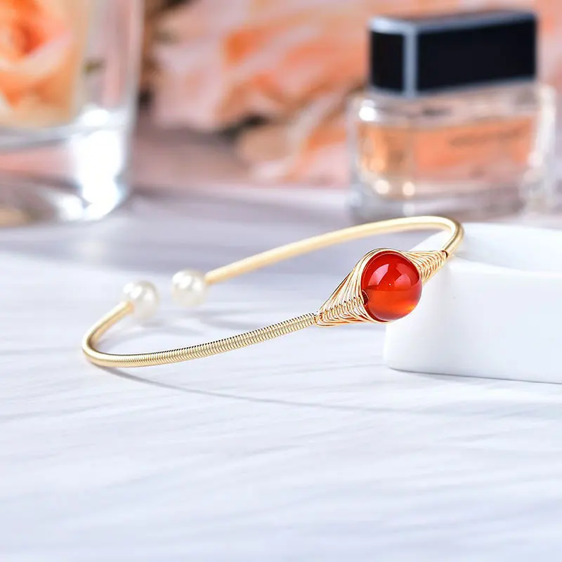 Natural Spiritual Energy Crystal Healing Fashion 14k Real Gold Bangle Cuff Open Moon Stone Magic Bracelets for Her