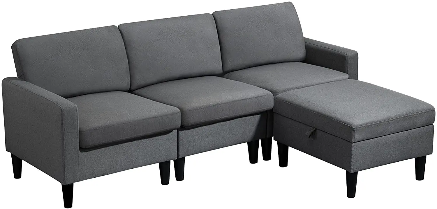 Sans L Shaped 3 Seater Brown Fabric Convertible Sectional Sofa With Reversible Chaise For Living Room