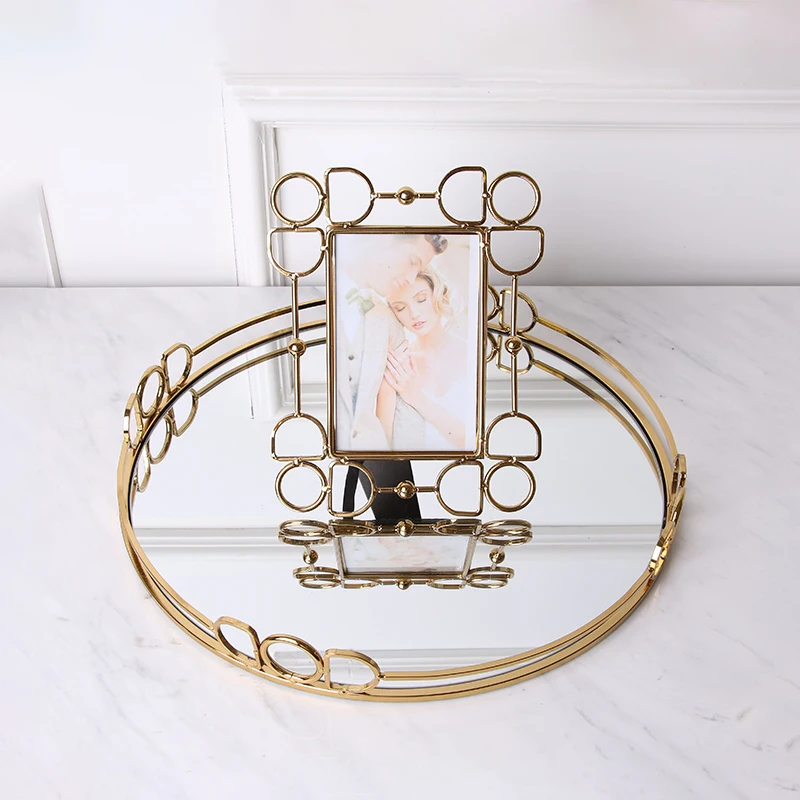Modern Arabic Golden Metal Mirror Perfume Decorations Home Luxury Glass Mirror Tray Gold For Coffee Table