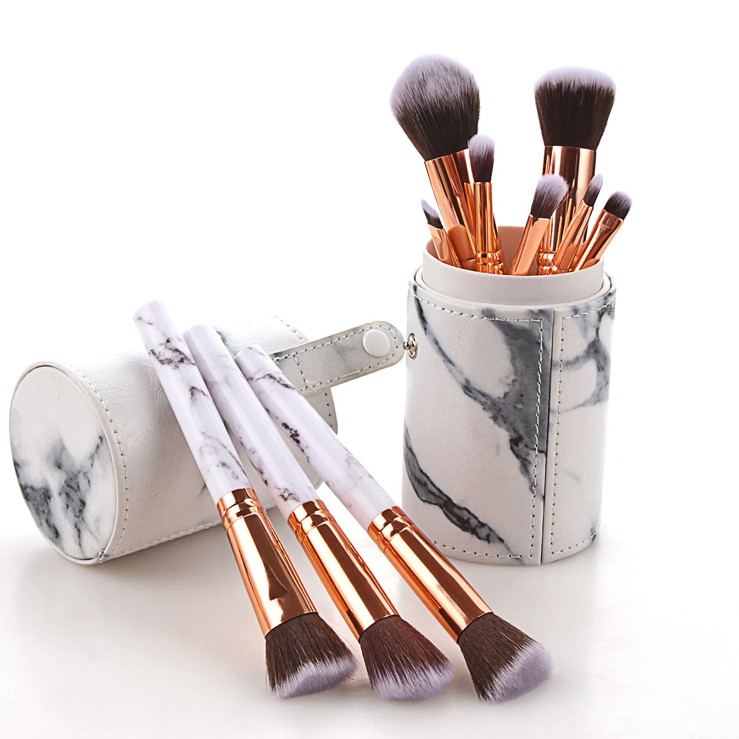 10PCS professional loose powder cheap price free shipping wholesale pink white custom marble makeup brushes set with case holder