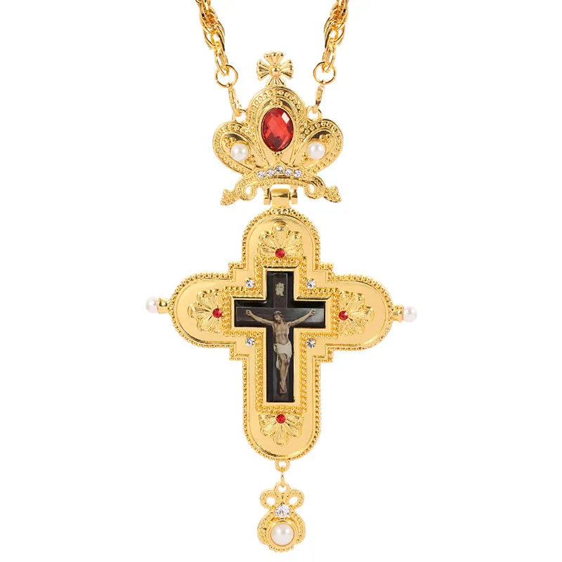 Fast Shipping Gold Plated Alloy Chain Customized ODM Large Pectoral Cross Orthodox Greek Religious Necklace with Box