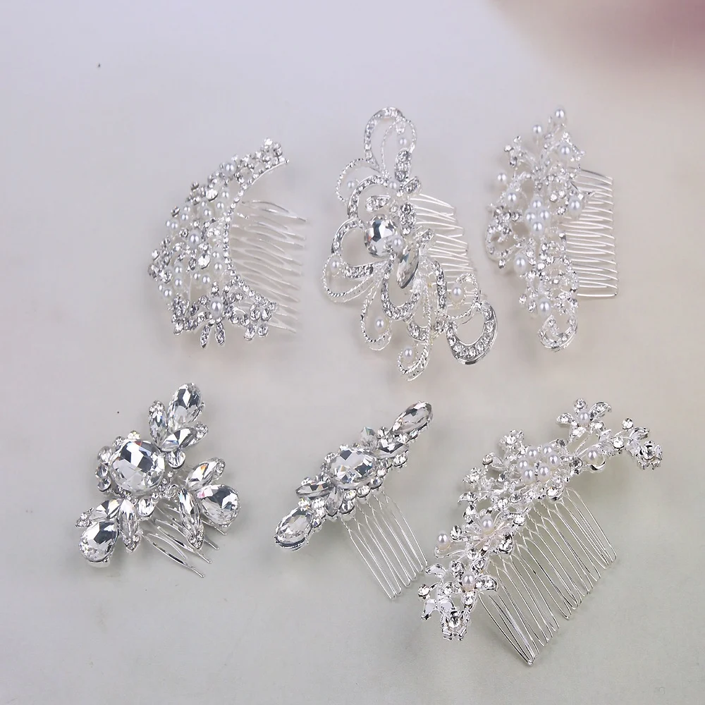 Bridal Flower Crystal Hair Pins Accessories Rhinestones Diamante Pearls Women Metal Rat Tail Wedding Hair Clip Comb In Hair Bun