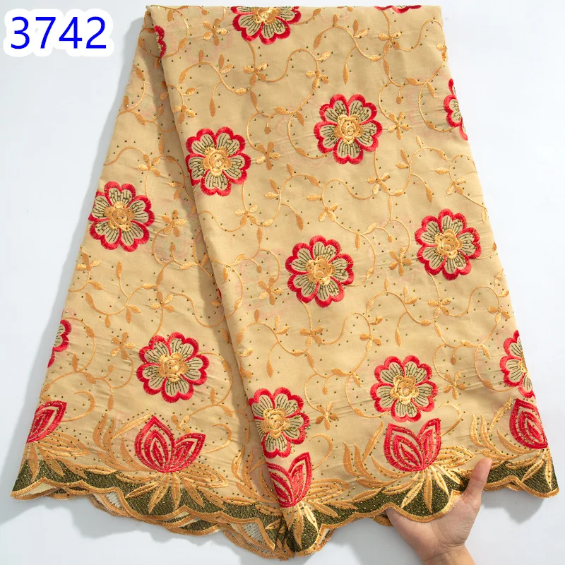 white Nigerian Cotton Lace Fabric High Quality 2024 Swiss Voile With Rhinestones African Crystal Lace  For Women Dresses3742